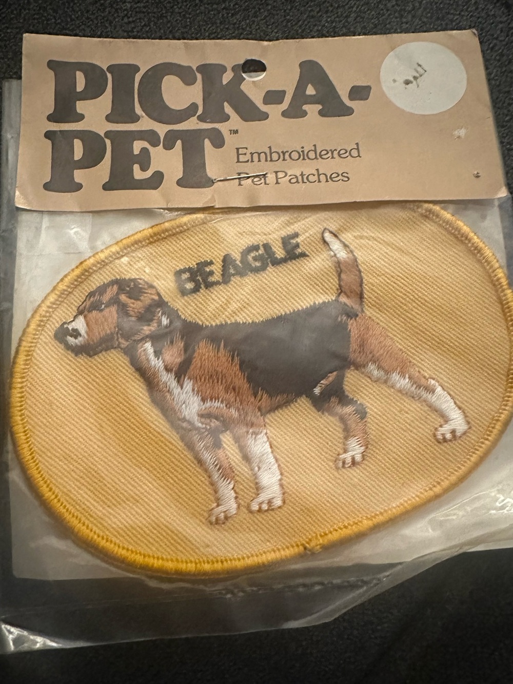 Vintage PICK-A-PET Embroidered Beagle Patch - Yellow Background